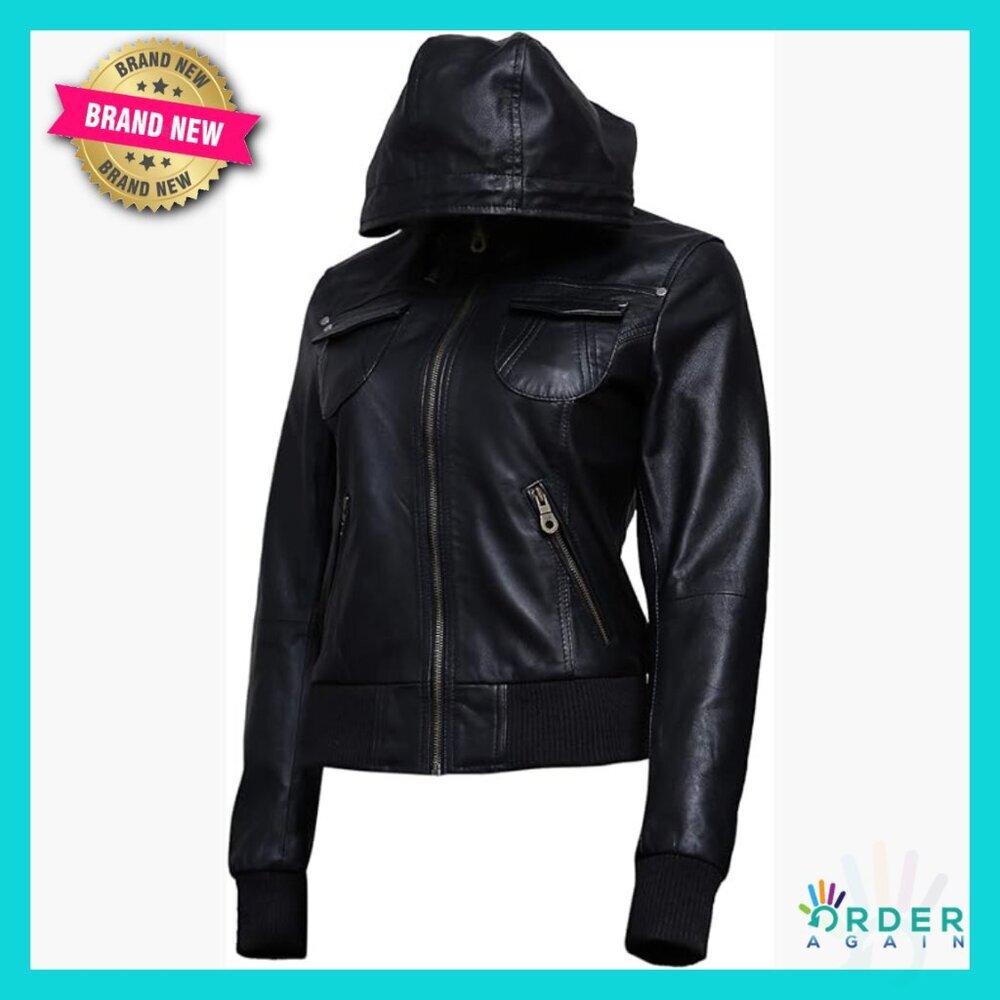 Genuine Lambskin Leather Motorcycle Jacket Hooded Bomber Classic Fit Quilted